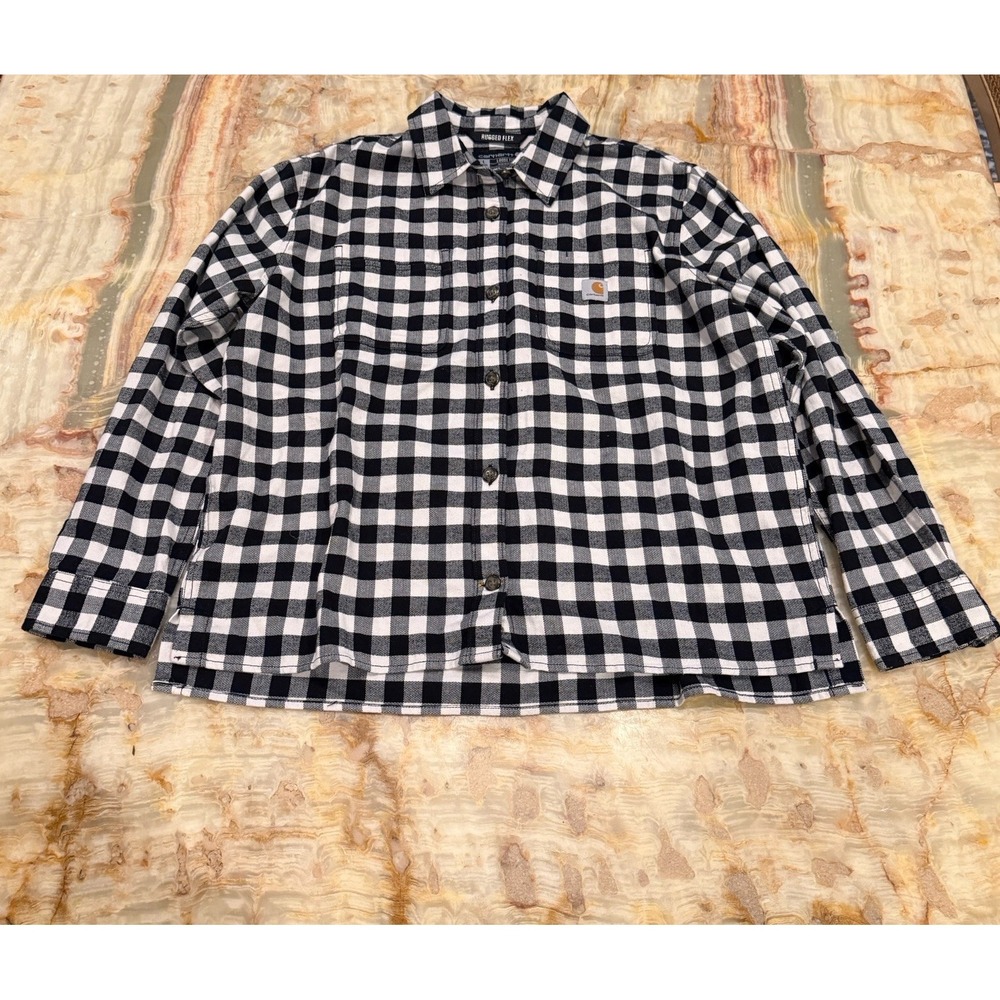 Carhartt Rugged Flex Plaid Button Down Shirt Mens L Loose Fit Black White